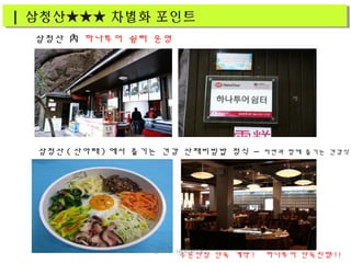 삼청산 內 하나투어 쉼터 운영
삼청산 ( 산아래 ) 에서 즐기는 건강 산채비빔밥 정식 – 자연과 함께 즐기는 건강식
수운산장 단독 계약 ! 하나투어 단독진행 !!
| 삼청산★★★ 차별화 포인트| 삼청산★★★ 차별화 포인트
더존투어 1600-6578
 