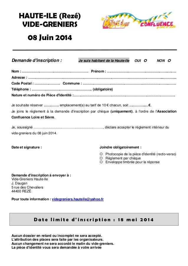 Vide greniers 2014 - bulletin d'inscription