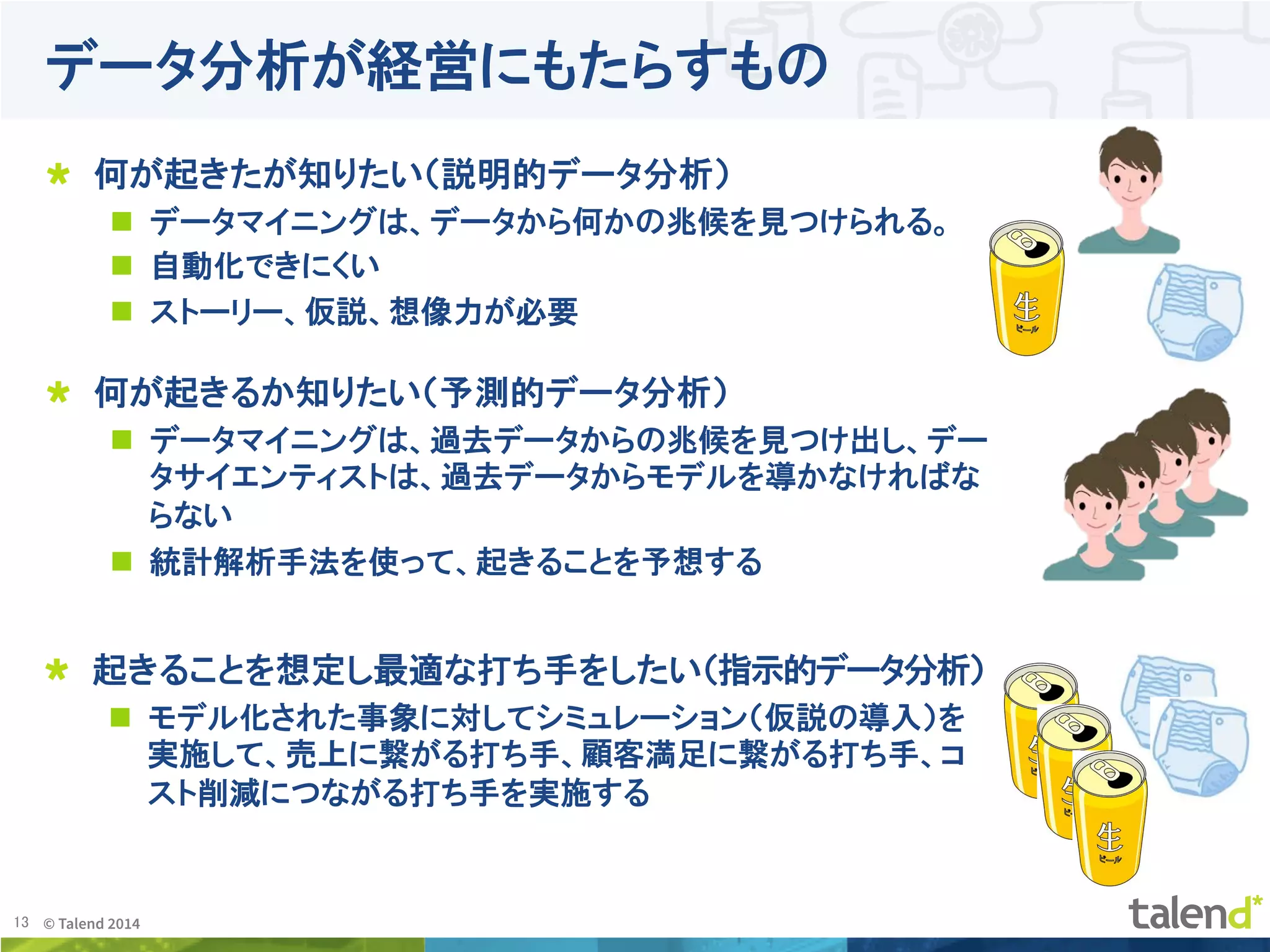 13	
 © Talend 2014	
データ分析が経営にもたらすもの
!   起きることを想定し最適な打ち手をしたい（指示的データ分析）
n  モデル化された事象に対してシミュレーション（仮説の導入）を
実施して、売上に繋がる打ち手、顧客満足に繋がる打ち手、コ
スト削減につながる打ち手を実施する
!   何が起きるか知りたい（予測的データ分析）
n  データマイニングは、過去データからの兆候を見つけ出し、デー
タサイエンティストは、過去データからモデルを導かなければな
らない
n  統計解析手法を使って、起きることを予想する
!   何が起きたが知りたい（説明的データ分析）
n  データマイニングは、データから何かの兆候を見つけられる。
n  自動化できにくい
n  ストーリー、仮説、想像力が必要
 