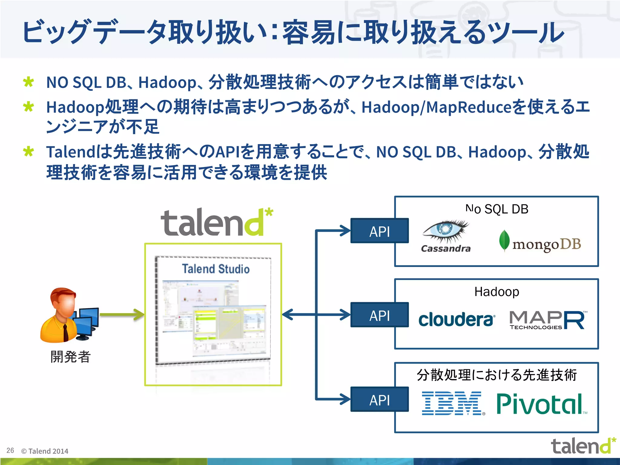 26	
 © Talend 2014	
No SQL DB	
Hadoop	
分散処理における先進技術	
API	
API	
API	
開発者	
ビッグデータ取り扱い：容易に取り扱えるツール
!   NO SQL DB、Hadoop、分散処理技術へのアクセスは簡単ではない
!   Hadoop処理への期待は高まりつつあるが、Hadoop/MapReduceを使えるエ
ンジニアが不足
!   Talendは先進技術へのAPIを用意することで、NO SQL DB、Hadoop、分散処
理技術を容易に活用できる環境を提供
 