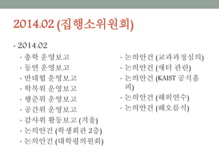 2014.02 (집행소위원회)
• 2014.02
• 총학 운영보고
• 동연 운영보고
• 반대협 운영보고
• 학복위 운영보고
• 행준위 운영보고
• 공간위 운영보고
• 감사위 활동보고 (겨울)
• 논의안건 (학생회관 2층)
• 논의안건 (대학평의원회)
• 논의안건 (교과과정심의)
• 논의안건 (새터 관련)
• 논의안건 (KAIST 공식홈피)
• 논의안건 (해외연수)
• 논의안건 (해오름식)
 