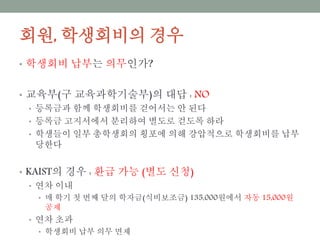 회원, 학생회비의 경우
• 학생회비 납부는 의무인가?
• 교육부(구 교육과학기술부)의 대답 : NO
• 등록금과 함께 학생회비를 걷어서는 안 된다
• 등록금 고지서에서 분리하여 별도로 걷도록 하라
• 학생들이 일부 총학생회의 횡포에 의해 강압적으로 학생회비를 납부당한다
• KAIST의 경우 : 환급 가능 (별도 신청)
• 연차 이내
• 매 학기 첫 번째 달의 학자금(식비보조금) 135,000원에서 자동 15,000원 공제
• 연차 초과
• 학생회비 납부 의무 면제
 