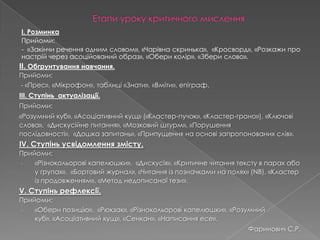 І. Розминка
Прийоми:
- «Закінчи речення одним словом», «Чарівна скринька», «Кросворд», «Розкажи про
настрій через асоційований образ», «Обери колір», «Збери слово».
ІІ. Обгрунтування навчання.
Прийоми:
- «Прес», «Мікрофон», таблиці «Знати», «Вміти», епіграф.
ІІІ. Ступінь актуалізації.
Прийоми:
«Розумний куб», «Асоціативний кущ» («Кластер-пучок», «Кластер-гроно»), «Ключові
слова», «Дискусійне питання», «Мозковий штурм», «Порушення
послідовності», «Дошка запитань», «Припущення на основі запропонованих слів».
IV. Ступінь усвідомлення змісту.
Прийоми:
- «Різнокольорові капелюшки», «Дискусія», «Критичне читання тексту в парах або
у групах», «Бортовий журнал», «Читання із позначками на полях» (NB), «Кластер
із продовженням», «Метод недописаної тези».
V. Ступінь рефлексії.
Прийоми:
- «Обери позицію», «Рюкзак», «Різнокольорові капелюшки», «Розумний
куб», «Асоціативний кущ», «Сенкан», «Написання есе».
Фаринович С.Р.
 