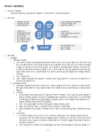 2014년도 사업계획(안)
1. 2014년도 사업계획
“능력에 따라 출자하고, 필요에 따라 이용한다. 기쁘게 연대하고, 재미있게 운영한다.”
2. 주요 사업
3. 세부 계획
1. 금융활동
1. 계획 출자 프로젝트
1. 빈고의 출자는 은행과 부동산을 통해 금융자본에 포섭되어 있는 자신의 돈을 구출해 내고, 무의미하고 강요
된 소비로 빼앗겨버리는 자신의 돈을 지켜냄으로써 빈고를 통해 자신의 돈을 우리 모두의 공유지로 전환하
는 활동이다. 출자금은 자신과 자신의 공동체, 그리고 함께하는 공동체들이 함께 이용하는 기초자금이 된
다. 출자금은 필요에 따라 언제든지 반환할 수 있다. 가난하고 올바르고 즐거운 살림살이의 대안적 질서를
만들기 위해. 꾸준히 모으고, 간편하게 빌려 쓰되, 헛되이 낭비하지 않도록 조합원 모두가 계획을 세워보는
게 어떨까.
2. 추진 : 조합원 모두!!
3. 내용 : 조합원 개인별 출자 목표 설정하기 / 50만원 이상의 수입은 출자하기 / 노동소득의 10% 출자하기 / 기
타소득의 50% 출자하기 등
2. 대안화폐 프로젝트
1. 대안화폐는 해방촌에서 몇 차례 시도된 바 있다. 그렇다고 멈출 빈고가 아니다. 작년부터 논의됐던 대안화
폐가 올해 추진될 예정이다. 새로운 통화시스템의 구축. 호혜를 기반으로 교환 체계 만들기. 과연 불가능한
일일까?
2. 지역화폐
1. 2013년 해방촌 신흥시장을 중심으로 ‘신흥시장 바자회’가 개최됐다. (주최: 신흥시장 상인회, 해방촌 사
람들 등) 상인회는 발생한 수익금으로 지역화폐를 만들어 운영하자는 의견을 모았다. 이 논의테이블에
는 베로(넓은집 조합원)와 파스(살림집 활동가) 조합원이 참여하고 있으며 활동가 회의를 통해 빈고도
해방촌 지역화폐 사업에 참여하기로 결정했다.
2. 추진 : 파스(살림집 활동가 및 대표), 베로(넓은집 조합원), 해방촌 상인회
3. 일정 : 준비기(2013년 12월~) > 지역화폐 디자인 시안(완성) > 시행기(4월)
4. 내용: 지역화폐 디자인 및 발행 / 지역화폐 프로세스 정립 / 주민참여 워크숍 진행 / 지역화폐 관리 및 운
영
3. 스마트LETS
1. 타 지역에서 진행되고 있는 LETS가 스마트 폰 앱으로 거래된다면? 지음 조합원의 강력한 제안으로
2014년에는 LETS 프로그램이 추진된다. 물품을 등록하고 교환하는 일. 거래 내역 표기하고 상호 커뮤니
케이션 할 수 있는 기능을 스마트 앱으로 구현할 계획이다. 구현 안은 도출됐지만 앱 개발자가 없어서
보류 중인 프로젝트다.
2. 추진 : 지음(빈연구소 조합원), 파스(살림집 활동가 및 대표), 좌인(대표 활동가), 관심 있는 조합원 누구
１７
 