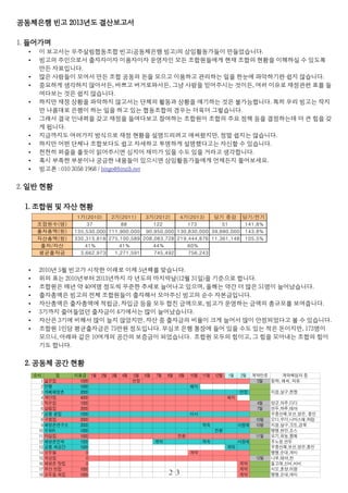 공동체은행 빈고 2013년도 결산보고서
1. 들어가며
• 이 보고서는 우주살림협동조합 빈고(공동체은행 빙고)의 상임활동가들이 만들었습니다.
• 빙고의 주인으로서 출자자이자 이용자이자 운영자인 모든 조합원들에게 현재 조합의 현황을 이해하실 수 있도록
만든 자료입니다.
• 많은 사람들이 모여서 만든 조합 공동의 돈을 모으고 이용하고 관리하는 일을 한눈에 파악하기란 쉽지 않습니다.
• 중요하게 생각하지 않아서든, 바쁘고 버거로와서든, 그냥 사람을 믿어주시는 것이든, 여러 이유로 재정관련 표를 들
여다보는 것은 쉽지 않습니다.
• 하지만 재정 상황을 파악하지 않고서는 단체의 활동과 상황을 얘기하는 것은 불가능합니다. 특히 우리 빙고는 작지
만 나름대로 은행이 하는 일을 하고 있는 협동조합의 경우는 더욱더 그렇습니다.
• 그래서 결국 인내력을 갖고 재정을 들여다보고 참여하는 조합원이 조합의 주요 정책 등을 결정하는데 더 큰 힘을 갖
게 됩니다.
• 지금까지도 여러가지 방식으로 재정 현황을 설명드리려고 애써왔지만, 정말 쉽지는 않습니다.
• 하지만 어떤 단체나 조합보다도 쉽고 자세하고 투명하게 설명했다고는 자신할 수 있습니다.
• 천천히 퍼즐을 풀듯이 읽어주시면 심지어 재미가 있을 수도 있을 거라고 생각합니다.
• 혹시 부족한 부분이나 궁금한 내용들이 있으시면 상임활동가들에게 언제든지 물어보세요.
• 빙고폰 : 010 3058 1968 / bingo@binzib.net
2. 일반 현황
1. 조합원 및 자산 현황
• 2010년 5월 빈고가 시작한 이래로 이제 5년째를 맞습니다.
• 위의 표는 2010년부터 2013년까지 각 년도의 마지막날(12월 31일)을 기준으로 합니다.
• 조합원은 매년 약 40여명 정도씩 꾸준한 추세로 늘어나고 있으며, 올해는 약간 더 많은 51명이 늘어났습니다.
• 출자총액은 빙고의 전체 조합원들이 출자해서 모아주신 빙고의 순수 자본금입니다.
• 자산총액은 출자총액에 적립금, 차입금 등을 모두 합친 금액으로, 빙고가 운영하는 금액의 총규모를 보여줍니다.
• 3기까지 줄어들었던 출자금이 4기에서는 많이 늘어났습니다.
• 자산은 3기에 비해서 많이 늘지 않았지만, 자산 중 출자금의 비율이 크게 늘어서 많이 안정되었다고 볼 수 있습니다.
• 조합원 1인당 평균출자금은 75만원 정도입니다. 무심코 은행 통장에 들어 있을 수도 있는 적은 돈이지만, 173명이
모으니, 아래와 같은 10여개의 공간의 보증금이 되었습니다. 조합원 모두의 힘이고, 그 힘을 모아내는 조합의 힘이
기도 합니다.
2. 공동체 공간 현황
２３
당기 증감
37 88 122 173 51 141.8%
135,530,000 111,900,000 90,950,000 130,830,000 39,880,000 143.8%
330,315,818 275,100,589 208,083,728 219,444,876 11,361,148 105.5%
41% 41% 44% 60%
평균출자금 3,662,973 1,271,591 745,492 756,243
1기(2010) 2기(2011) 3기(2012) 4기(2013) 당기/전기
조합원수(명)
출자총액(원)
자산총액(원)
출자/자산
순서 집 이용금 계약만료 계약책임자 등
1 넓은집 1000 연장
2 만행 1000 해지
3 까페해방촌 2000 연장
4 계단집 4000 해지
5 작은집 1000
6 살림집 2000
7 공룡 끝집 1000 이사
8 구름집 2000
9 해방촌연구소 2000 학숙 사랑채
10 1000 전환
11 마실집 1000 전환
12 해방촌민박 1500 계약 학숙 사랑채
13 공룡 새공간 1500 계약
14 모두들 0 계약
15 옥상집 0
16 해방촌 맛집 0 계약
17 부산 빈집 1000 계약
18 모두들 새집 1000 계약
1월 2월 3월 4월 5월 6월 7월 8월 9월 10월 11월 12월 1월 2월
5월 청하, 해씨, 자유
지음,살구,켄짱
4월 양군,자주,디디
7월 연두,하루,테아
우중산책,보선,영은, 종민
10월 오디,우더,나마스떼,하람
10월 지음,살구,크트,경목
수유R 탱탱,현민,죠스
11월 모기,유농,몽애
주노정,연두
우중산책,보선,영은,종민
땡땡,순대,개미
12월 나무,테아,찬
돌고래,신비,비비
시오,혼양,이랑
땡땡,순대,개미
 