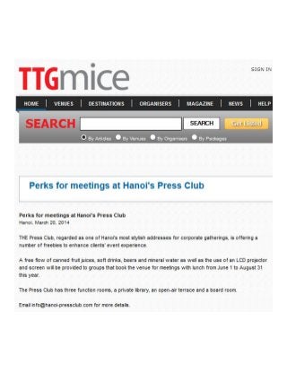 TTG Mice runs the news of the Press Club Hanoi's launching new summer meeting package in their latest issue, March 2014
