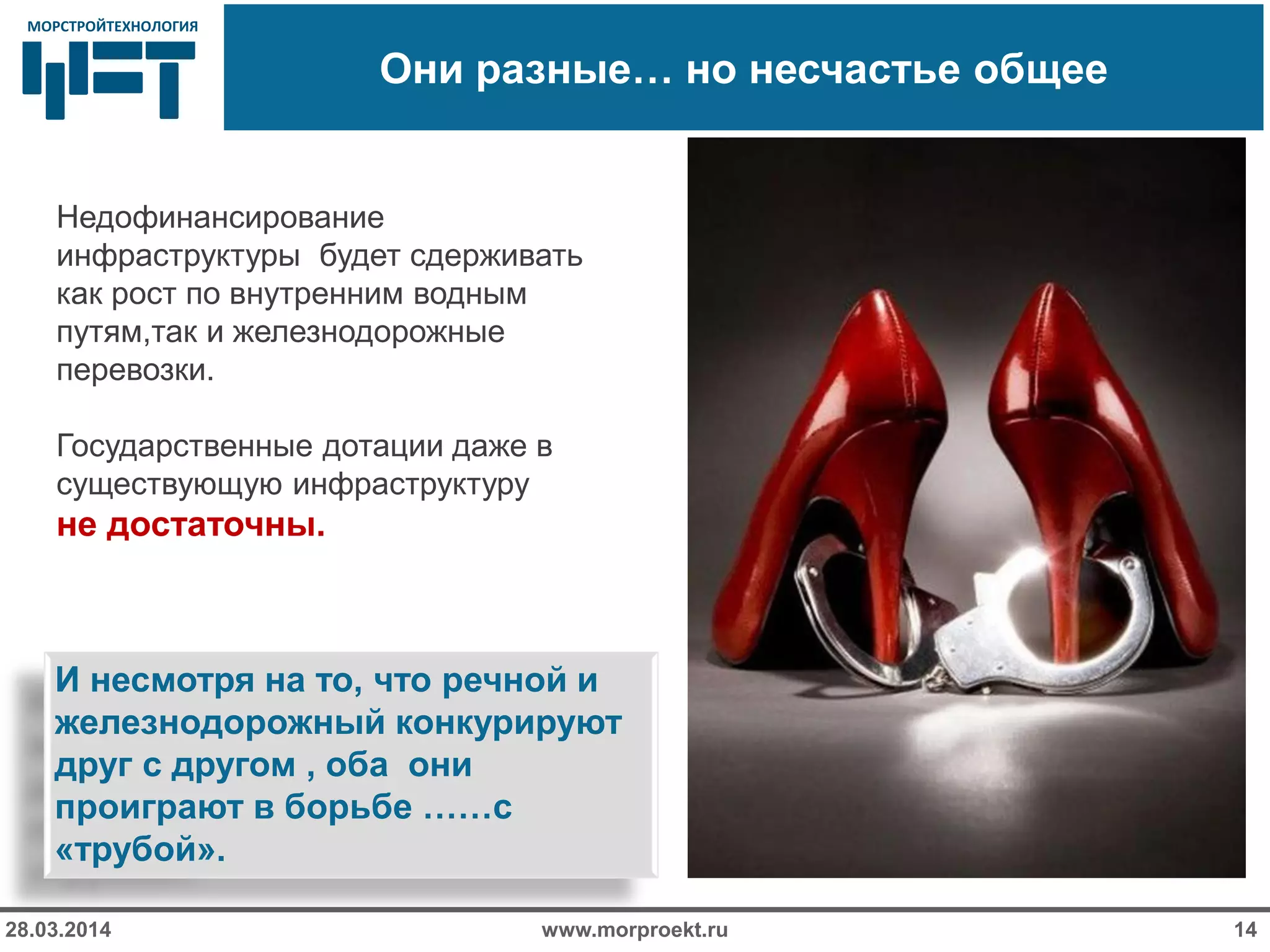 МОРСТРОЙТЕХНОЛОГИЯМОРСТРОЙТЕХНОЛОГИЯ
Они разные… но несчастье общее
www.morproekt.ru28.03.2014 14
Недофинансирование
инфраструктуры будет сдерживать
как рост по внутренним водным
путям,так и железнодорожные
перевозки.
Государственные дотации даже в
существующую инфраструктуру
не достаточны.
И несмотря на то, что речной и
железнодорожный конкурируют
друг с другом , оба они
проиграют в борьбе ……с
«трубой».
 