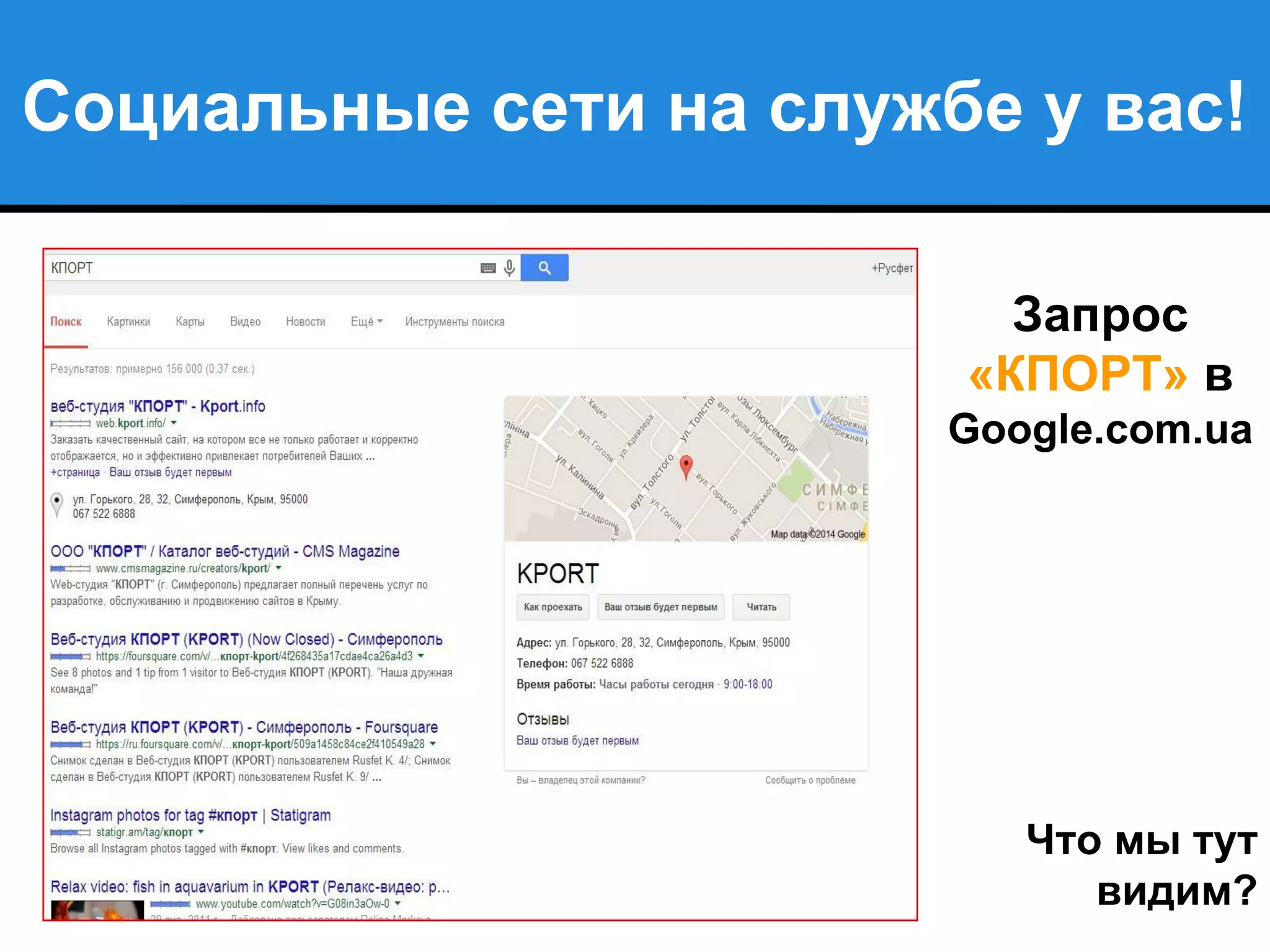 Социальные сети на службе у вас!
Запрос
«КПОРТ» в
Google.com.ua
Что мы тут
видим?
 