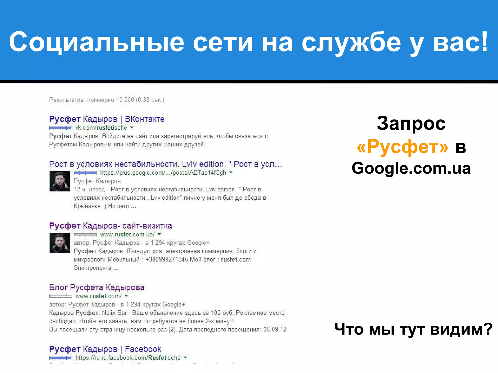 Социальные сети на службе у вас!
Запрос
«Русфет» в
Google.com.ua
Что мы тут видим?
 