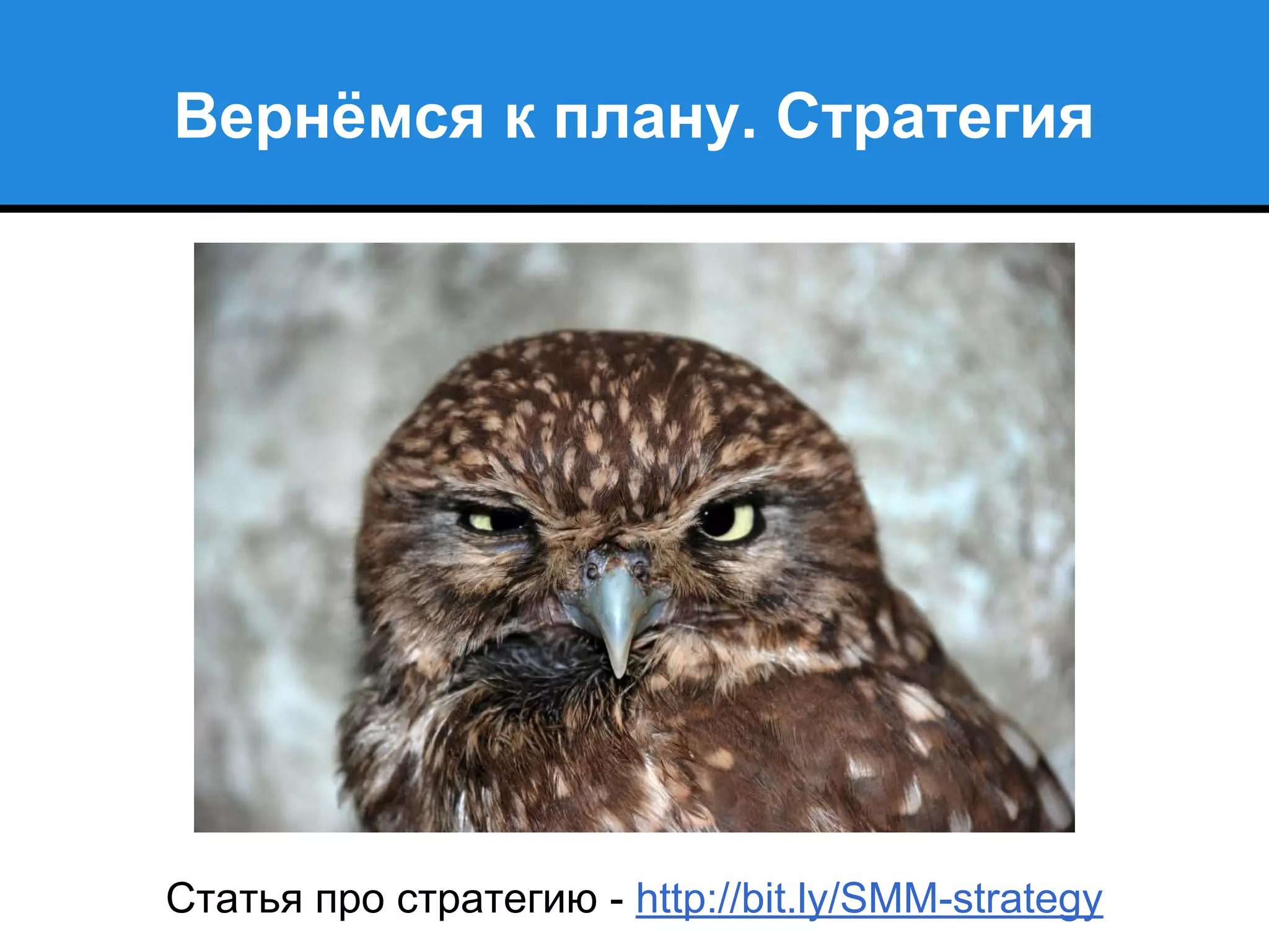 Вернёмся к плану. Стратегия
Статья про стратегию - http://bit.ly/SMM-strategy
 