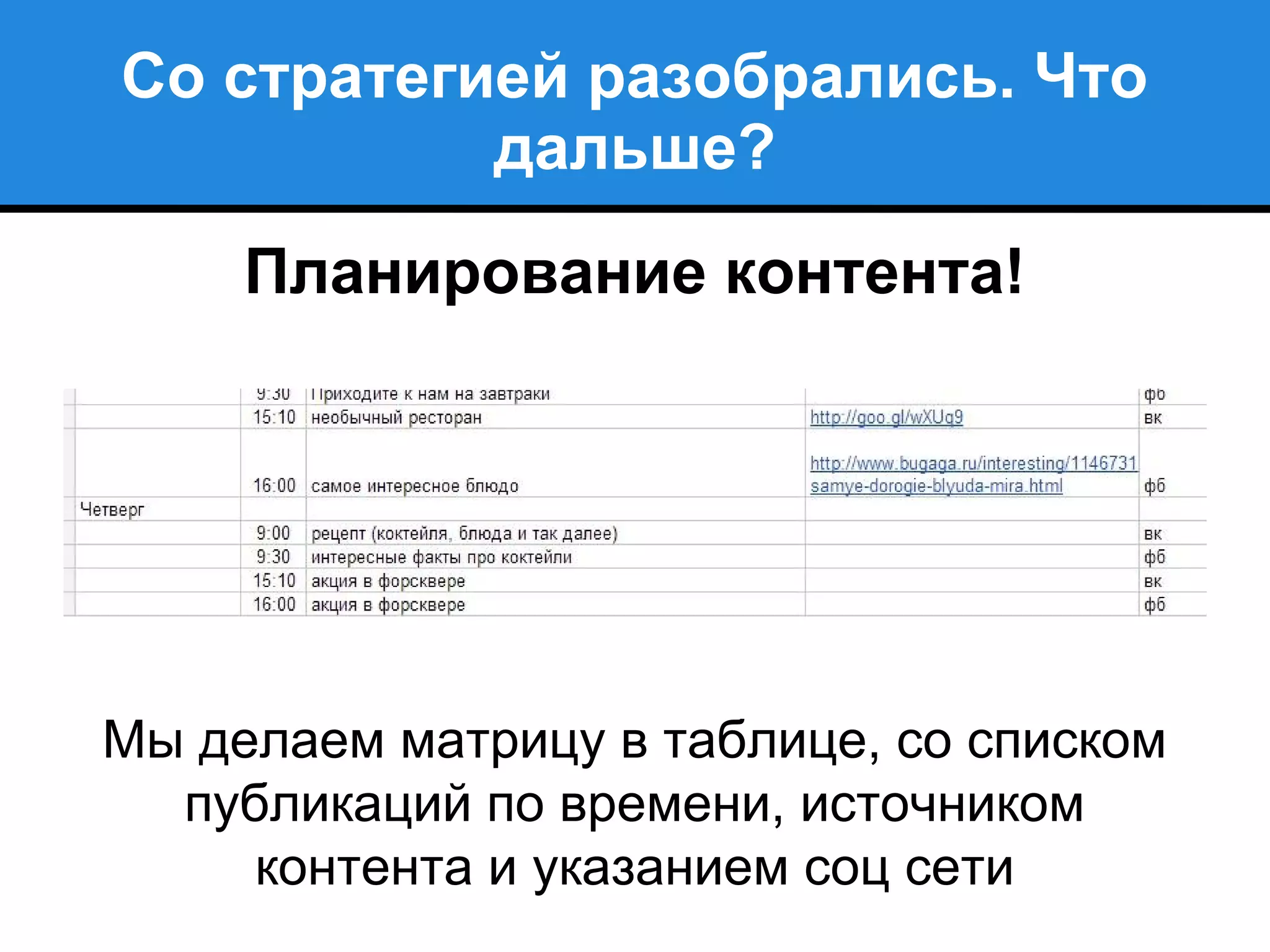 Со стратегией разобрались. Что
дальше?
Планирование контента!
Мы делаем матрицу в таблице, со списком
публикаций по времени, источником
контента и указанием соц сети
 