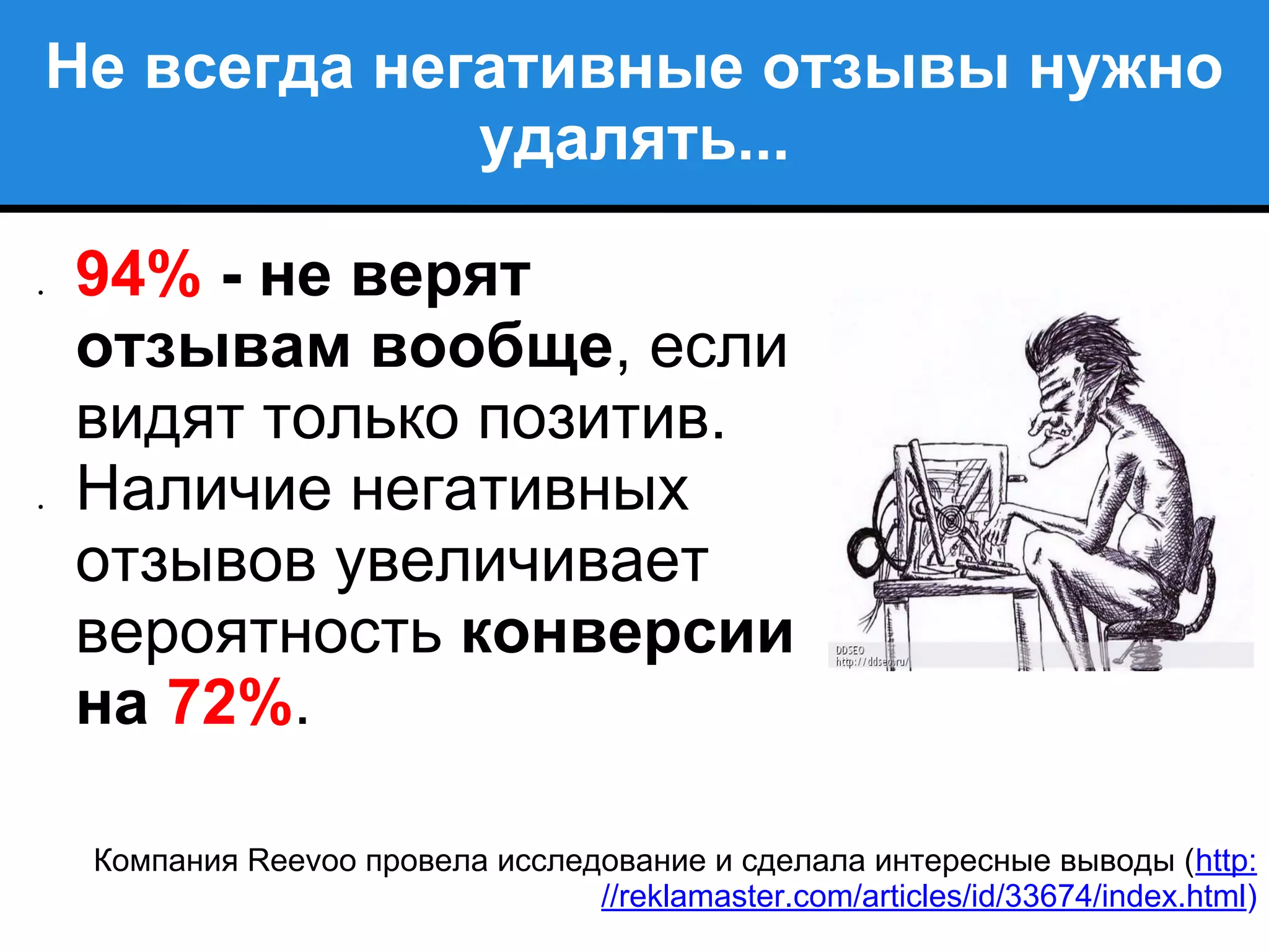 Не всегда негативные отзывы нужно
удалять...
● 94% - не верят
отзывам вообще, если
видят только позитив.
● Наличие негативных
отзывов увеличивает
вероятность конверсии
на 72%.
Компания Reevoo провела исследование и сделала интересные выводы (http:
//reklamaster.com/articles/id/33674/index.html)
 