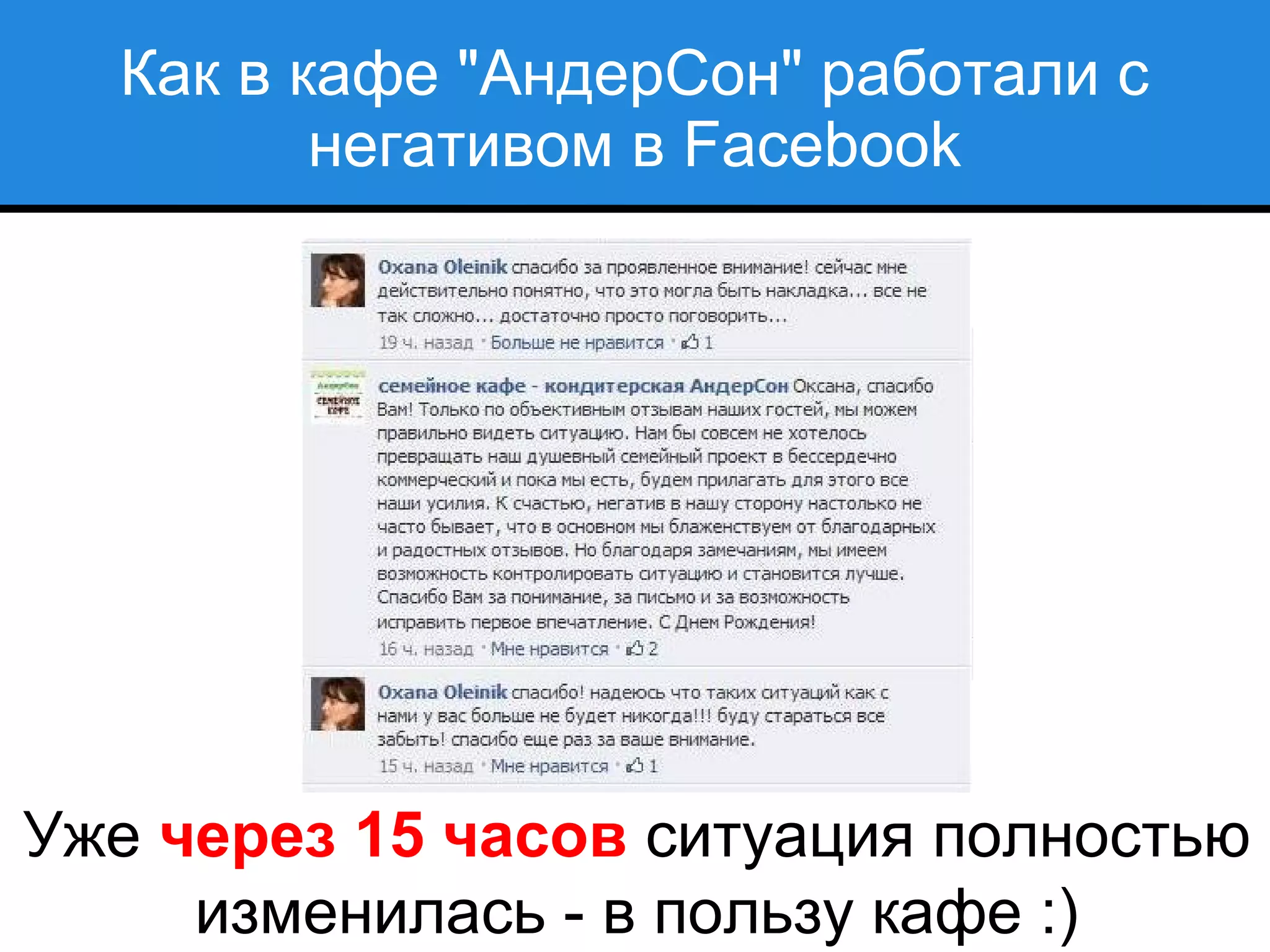Как в кафе "АндерСон" работали с
негативом в Facebook
Уже через 15 часов ситуация полностью
изменилась - в пользу кафе :)
 