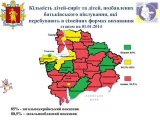 Кількість дітей-сиріт та дітей, позбавлених
батьківського піклування, які
перебувають в сімейних формах виховання
станом на 01.01.2014
85% - загальноукраїнський показник
80,5% – загальнообласний показник
 