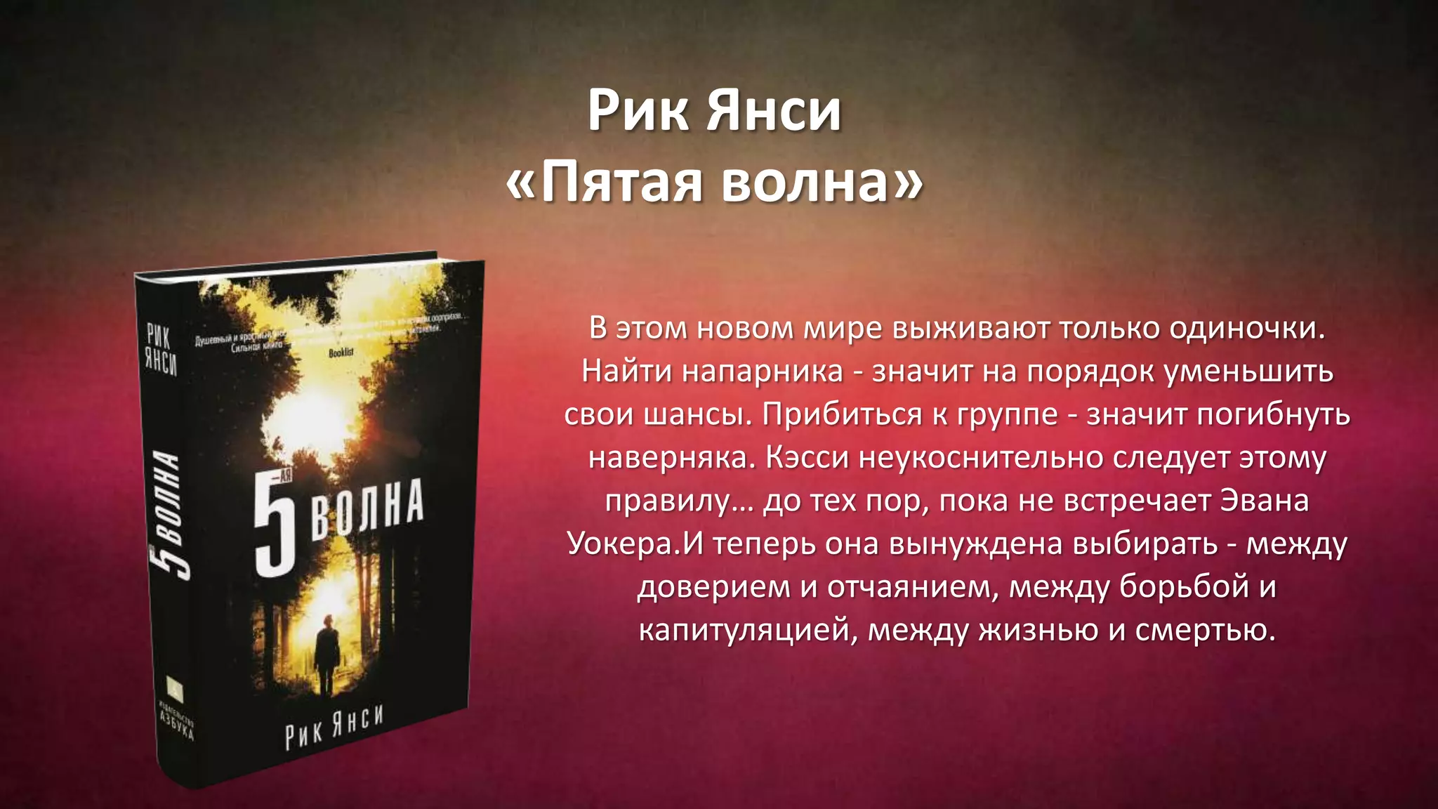 Рик Янси
«Пятая волна»
В этом новом мире выживают только одиночки.
Найти напарника - значит на порядок уменьшить
свои шансы. Прибиться к группе - значит погибнуть
наверняка. Кэсси неукоснительно следует этому
правилу… до тех пор, пока не встречает Эвана
Уокера.И теперь она вынуждена выбирать - между
доверием и отчаянием, между борьбой и
капитуляцией, между жизнью и смертью.
 