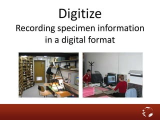 Digitize
Recording specimen information
in a digital format
 