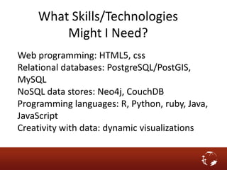 What Skills/Technologies
Might I Need?
Web programming: HTML5, css
Relational databases: PostgreSQL/PostGIS,
MySQL
NoSQL data stores: Neo4j, CouchDB
Programming languages: R, Python, ruby, Java,
JavaScript
Creativity with data: dynamic visualizations
 
