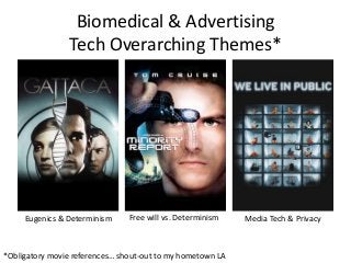 Biomedical & Advertising
Tech Overarching Themes*
Eugenics & Determinism Free will vs. Determinism Media Tech & Privacy
*Obligatory movie references… shout-out to my hometown LA
 