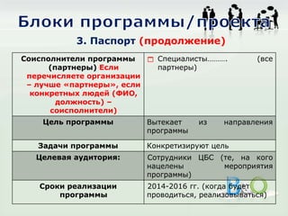 3. Паспорт (продолжение)
Соисполнители программы
(партнеры) Если
перечисляете организации
– лучше «партнеры», если
конкретных людей (ФИО,
должность) –
соисполнители)
 Специалисты………. (все
партнеры)
Цель программы Вытекает из направления
программы
Задачи программы Конкретизируют цель
Целевая аудитория: Сотрудники ЦБС (те, на кого
нацелены мероприятия
программы)
Сроки реализации
программы
2014-2016 гг. (когда будет
проводиться, реализовываться)
 