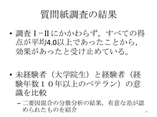 質問紙調査の結果
• 調査ⅠｰⅡにかかわらず，すべての得
点が平均4.0以上であったことから，
効果があったと受け止めている。
• 未経験者（大学院生）と経験者（経
験年数１０年以上のベテラン）の意
識を比較
– 二要因混合の分散分析の結果，有意な差が認
められたものを紹介 14
 