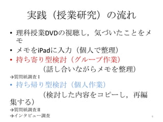 実践（授業研究）の流れ
• 理科授業DVDの視聴し，気づいたことをメ
モ
• メモをiPadに入力（個人で整理）
• 持ち寄り型検討（グループ作業）
（話し合いながらメモを整理）
→質問紙調査Ⅰ
• 持ち帰り型検討（個人作業）
（検討した内容をコピーし，再編
集する）
→質問紙調査Ⅱ
→インタビュー調査 6
 
