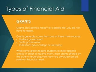 Types of Financial Aid
GRANTS
Grants provide free money for college that you do not
have to repay.
Grants generally come from one of three main sources:
• Federal government
• State government
• Institutions (your college or university)
While some grants require students to meet specific
criteria in order to receive them, most grants offered by
the state or federal government are awarded based
solely on financial need.
 