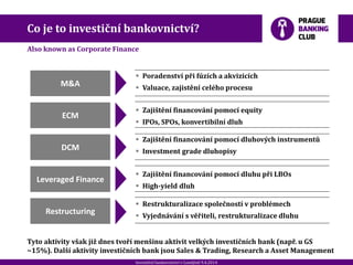 20120901_Spoluprace_ RB_307.pptx
 Restrukturalizace společností v problémech
 Vyjednávání s věřiteli, restrukturalizace dluhu
Investiční bankovnictví v Londýně 9.4.2014
DCM
M&A
ECM
Leveraged Finance
Restructuring
 Poradenství při fúzích a akvizicích
 Valuace, zajistění celého procesu
 Zajištění financování pomocí equity
 IPOs, SPOs, konvertibilní dluh
 Zajištění financování pomocí dluhových instrumentů
 Investment grade dluhopisy
 Zajištění financování pomocí dluhu při LBOs
 High-yield dluh
Co je to investiční bankovnictví?
Also known as Corporate Finance
Tyto aktivity však již dnes tvoří menšinu aktivit velkých investičních bank (např. u GS
~15%). Další aktivity investičních bank jsou Sales & Trading, Research a Asset Management
 