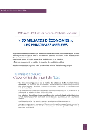 « 50 MILLIARDS D’ÉCONOMIES »:
LES PRINCIPALES MESURES
18 milliards d’euros
d’économies de la part de l’Etat
Q Ces économie...