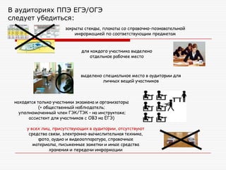 В аудиториях ППЭ ЕГЭ/ОГЭ
следует убедиться:
закрыты стенды, плакаты со справочно-познавательной
информацией по соответствующим предметам
для каждого участника выделено
отдельное рабочее место
выделено специальное место в аудитории для
личных вещей участников
находятся только участники экзамена и организаторы
(+ общественный наблюдатель;
уполномоченный член ГЭК/ТЭК – на инструктаже;
ассистент для участников с ОВЗ на ЕГЭ)
у всех лиц, присутствующих в аудитории, отсутствуют
средства связи, электронно-вычислительная техника,
фото, аудио и видеоаппаратура, справочные
материалы, письменные заметки и иные средства
хранения и передачи информации
 