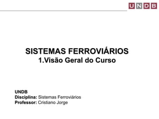 UNDB
Disciplina: Sistemas Ferroviários
Professor: Cristiano Jorge
SISTEMAS FERROVIÁRIOS
1.Visão Geral do Curso
 