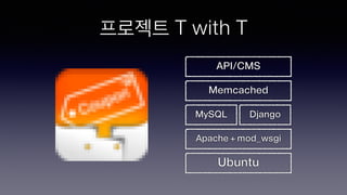프로젝트 T with T
Apache + mod_wsgi
Ubuntu
MySQL Django
API/CMS
Memcached
 