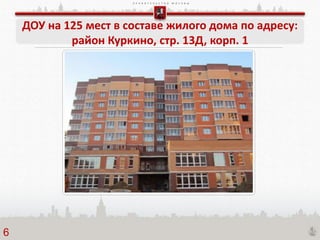 П Р А В И Т Е Л Ь С Т В О М О С К В Ы
ДОУ на 125 мест в составе жилого дома по адресу:
район Куркино, стр. 13Д, корп. 1
6
 