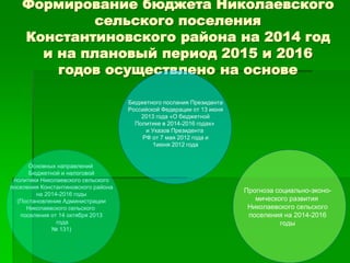 Формирование бюджета Николаевского
сельского поселения
Константиновского района на 2014 год
и на плановый период 2015 и 2016
годов осуществлено на основе
Бюджетного послания Президента
Российской Федерации от 13 июня
2013 года «О бюджетной
Политике в 2014-2016 годах»
и Указов Президента
РФ от 7 мая 2012 года и
1июня 2012 года
Основных направлений
Бюджетной и налоговой
политики Николаевского сельского
поселения Константиновского района
на 2014-2016 годы
(Постановление Администрации
Николаевского сельского
поселения от 14 октября 2013
года
№ 131)
Прогноза социально-эконо-
мического развития
Николаевского сельского
поселения на 2014-2016
годы
 