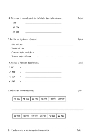 4. Reconoce el valor de posición del dígito 5 en cada número: 3ptos
538 .....................................................................................
35 024 .....................................................................................
12 528 .....................................................................................
5. Escribe los siguientes números: 2ptos
Diez mil uno ......................................................................................
Veinte mil cien ......................................................................................
Cuarenta y cinco mil doce ......................................................................................
Sesenta y dos mil once ......................................................................................
6. Realiza la notación desarrollada. 2ptos
7 580 = .....................................................................................
49 732 = .....................................................................................
13 004 = .....................................................................................
45 742 = .....................................................................................
7. Ordena en forma creciente: 1pto
18 500 45 900 23 400 12 300 12 800 22 400
....................................................................................................................................
....................................................................................................................................
8. Escribe como se lee los siguientes números. 1pto
50 000 13 800 69 400 23 400 12 800 22 400
 
