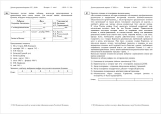 Демонстрационный вариант ЕГЭ 2014 г. История, 11 класс (2014 - 11 / 26)
© 2014 Федеральная служба по надзору в сфере образования и науки Российской Федерации
Заполните пустые ячейки таблицы, используя представленные в
приведённом ниже списке данные. Для каждой ячейки, обозначенной
буквами, выберите номер нужного элемента.
Событие Дата Участник(-и)
Операция «Багратион» ____________ (А) И.Х. Баграмян,
И.Д. Черняховский
Сталинградская битва ____________ (Б) ____________ (В)
____________ (Г) Август – декабрь 1943 г. Г.К. Жуков,
К.К. Рокоссовский,
И.С. Конев
Битва за Москву ____________ (Д) ____________ (Е)
Пропущенные элементы:
1) М.А. Егоров, М.В. Кантария
2) сентябрь 1941 г. – апрель 1942 г.
3) Я.Ф. Павлов
4) битва на Курской дуге
5) битва за Днепр
6) июнь – август 1944 г.
7) июль 1942 г. – февраль 1943 г.
8) И.В. Панфилов
9) май 1942 г.
Запишите в таблицу выбранные цифры под соответствующими буквами.
А Б В Г Д Е
Ответ:
B6
Демонстрационный вариант ЕГЭ 2014 г. История, 11 класс (2014 - 12 / 26)
© 2014 Федеральная служба по надзору в сфере образования и науки Российской Федерации
Прочтите отрывок из телеграммы военачальника.
«Все отлично сознавали, что при создавшейся обстановке и при фактическом
руководстве и направлении внутренней политики безответственными
общественными организациями, а также громадного разлагающего влияния
этих организаций на массу армии, последнюю воссоздать не удастся, а
наоборот, армия как таковая должна развалиться через два-три месяца.
И тогда Россия должна будет заключить позорный сепаратный мир,
последствия которого были бы для России ужасны. Правительство
принимало полумеры, которые, ничего не поправляя, лишь затягивали
агонию, и, спасая революцию, не спасало Россию. Между тем завоевания
революции можно было спасти лишь путём спасения России, а для этого,
прежде всего, необходимо создать действительную сильную власть и
оздоровить тыл. Генерал Корнилов предъявил ряд требований, проведение
коих в жизнь затягивалось. При таких условиях генерал Корнилов, не
преследуя никаких личных честолюбивых замыслов и опираясь на ясно
выраженное сознание всей здоровой части общества и армии, требовавшее
скорейшего создания крепкой власти для спасения Родины, а с ней и
завоеваний революции, считал необходимыми более решительные меры, кои
обеспечили бы водворение порядка в стране…»
Используя отрывок и знания по истории, выберите в приведённом списке три
верных суждения.
Запишите в таблицу цифры, под которыми они указаны.
1) Описанные в телеграмме события произошли в 1916 г.
2) Правительство, о котором идёт речь в телеграмме, называлось СНК.
3) Автор телеграммы – сторонник продолжения войны с Германией.
4) Автор телеграммы поддерживает действия генерала Корнилова.
5) Большевики поддерживали действия генерала Корнилова.
6) «Решительные меры» генерала Корнилова, которые указаны в
телеграмме, не были осуществлены.
Ответ:
B7
 