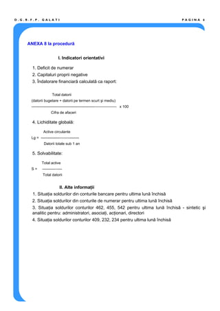P A G I N A 6D . G . R . F . P . G A L A T I
ANEXA 8 la procedură
I. Indicatori orientativi
1. Deficit de numerar
2. Capitaluri proprii negative
3. Îndatorare financiară calculată ca raport:
Total datorii
(datorii bugetare + datorii pe termen scurt şi mediu)
---------------------------------------------------—————— x 100
Cifra de afaceri
4. Lichiditate globală:
Active circulante
Lg = ---------------———-------
Datorii totale sub 1 an
5. Solvabilitate:
Total active
S = ----------—---
Total datorii
II. Alte informaţii
1. Situaţia soldurilor din conturile bancare pentru ultima lună închisă
2. Situaţia soldurilor din conturile de numerar pentru ultima lună închisă
3. Situaţia soldurilor conturilor 462, 455, 542 pentru ultima lună închisă - sintetic şi
analitic pentru: administratori, asociaţi, acţionari, directori
4. Situaţia soldurilor conturilor 409, 232, 234 pentru ultima lună închisă
 