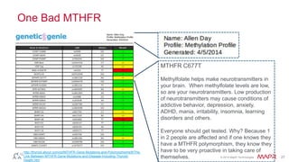 © 2014 MapR Technologies 27
One Bad MTHFR
MTHFR C677T
Methylfolate helps make neurotransmitters in
your brain. When methylfolate levels are low,
so are your neurotransmitters. Low production
of neurotransmitters may cause conditions of
addictive behavior, depression, anxiety,
ADHD, mania, irritability, insomnia, learning
disorders and others.
Everyone should get tested. Why? Because 1
in 2 people are affected and if one knows they
have a MTHFR polymorphism, they know they
have to be very proactive in taking care of
themselves.
http://thyroid.about.com/od/MTHFR-Gene-Mutations-and-Polymorphisms/fl/The-
Link-Between-MTHFR-Gene-Mutations-and-Disease-Including-Thyroid-
Health.htm
 