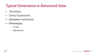 © 2014 MapR Technologies 66
Typical Dimensions in Behavioral Data
• Genotype
• Gene Expression
• Samples Individuals
• Phenotype
– Traits
– Behaviors
 