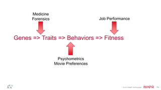 © 2014 MapR Technologies 73
Genes => Traits => Behaviors => Fitness
Job Performance
Psychometrics
Movie Preferences
Medicine
Forensics
 