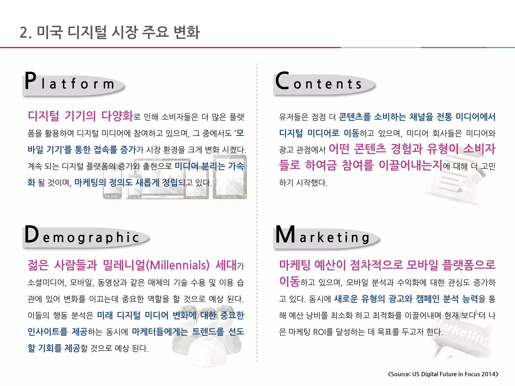 2. 미국 디지털 시장 주요 변화
P l a t f o r m C o n t e n t s
De m o g r a p h i c Ma r k e t i n g
디지털 기기의 다양화로 인해 소비자들은 더 많은 플랫
폼을 활용하여 디지털 미디어에 참여하고 있으며, 그 중에서도 ‘모
바일 기기’를 통한 접속률 증가가 시장 환경을 크게 변화 시켰다.
계속 되는 디지털 플랫폼의 증가와 출현으로 미디어 분리는 가속
화 될 것이며, 마케팅의 정의도 새롭게 정립되고 있다.
유저들은 점점 더 콘텐츠를 소비하는 채널을 전통 미디어에서
디지털 미디어로 이동하고 있으며, 미디어 회사들은 미디어와
광고 관점에서 어떤 콘텐츠 경험과 유형이 소비자
들로 하여금 참여를 이끌어내는지에 대해 더 고민
하기 시작했다.
젊은 사람들과 밀레니얼(Millennials) 세대가
소셜미디어, 모바일, 동영상과 같은 매체의 기술 수용 및 이용 습
관에 있어 변화를 이끄는데 중요한 역할을 할 것으로 예상 된다.
이들의 행동 분석은 미래 디지털 미디어 변화에 대한 중요한
인사이트를 제공하는 동시에 마케터들에게는 트렌드를 선도
할 기회를 제공할 것으로 예상 된다.
마케팅 예산이 점차적으로 모바일 플랫폼으로
이동하고 있으며, 모바일 분석과 수익화에 대한 관심도 증가하
고 있다. 동시에 새로운 유형의 광고와 캠페인 분석 능력을 통
해 예산 낭비를 최소화 하고 최적화를 이끌어내며 현재 보다 더 나
은 마케팅 ROI를 달성하는 데 목표를 두고자 한다.
<Source: US Digital Future in Focus 2014>
 