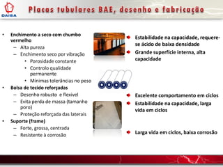 • Enchimento a seco com chumbo
vermelho
– Alta pureza
– Enchimento seco por vibração
• Porosidade constante
• Controlo qualidade
permanente
• Mínimas tolerâncias no peso
• Bolsa de tecido reforçadas
– Desenho robusto e flexivel
– Evita perda de massa (tamanho
poro)
– Proteção reforçada das laterais
• Suporte (frame)
– Forte, grossa, centrada
– Resistente à corrosão
Estabilidade na capacidade, requere-
se ácido de baixa densidade
Grande superfície interna, alta
capacidade
Excelente comportamento em ciclos
Estabilidade na capacidade, larga
vida em ciclos
Larga vida em ciclos, baixa corrosão
 