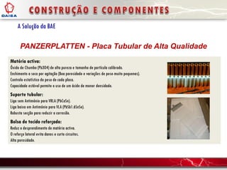 A Solução da BAE
PANZERPLATTEN - Placa Tubular de Alta Qualidade
Matéria activa:
Óxido de Chumbo (Pb3O4) de alta pureza e tamanho de partícula calibrado.
Enchimento a seco por agitação (Boa porosidade e variações de peso muito pequenas).
Controlo estatístico do peso de cada placa.
Capacidade estável permite o uso de um ácido de menor densidade.
Suporte tubular:
Liga sem Antimónio para VRLA (PbCaSn).
Liga baixa em Antimónio para VLA (PbSb1.6SnSe).
Robusta secção para reduzir a corrosão.
Bolsa de tecido reforçado:
Reduz o desprendimento de matéria activa.
O reforço lateral evita danos e curto circuitos.
Alta porosidade.
 