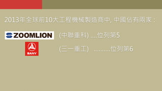 2013年全球前10大工程機械製造商中, 中國佔有兩家 :
(中聯重科) ….位列第5
(三一重工) ……….位列第6
 