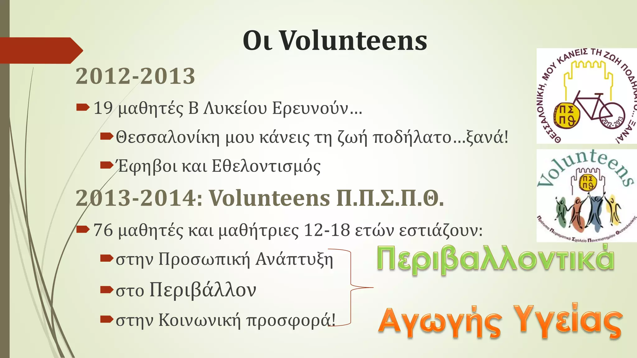 Οι Volunteens
2012-2013
19 μαθητές Β Λυκείου Ερευνούν…
Θεσσαλονίκη μου κάνεις τη ζωή ποδήλατο…ξανά!
Έφηβοι και Εθελοντισμός
2013-2014: Volunteens Π.Π.Σ.Π.Θ.
76 μαθητές και μαθήτριες 12-18 ετών εστιάζουν:
στην Προσωπική Ανάπτυξη
στο Περιβάλλον
στην Κοινωνική προσφορά!
 