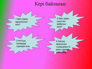 Кері байланыс
1.Киіз үйдің
құрылысын
ата?
2.Киіз үйдің
сырттан
жабатын
киізі?
3.Ұлттық
тағамдар
түрлерін ата.
4.Халық
арасында
«шаңырақ»ту
ралы мақал-
мәтелдер.
 