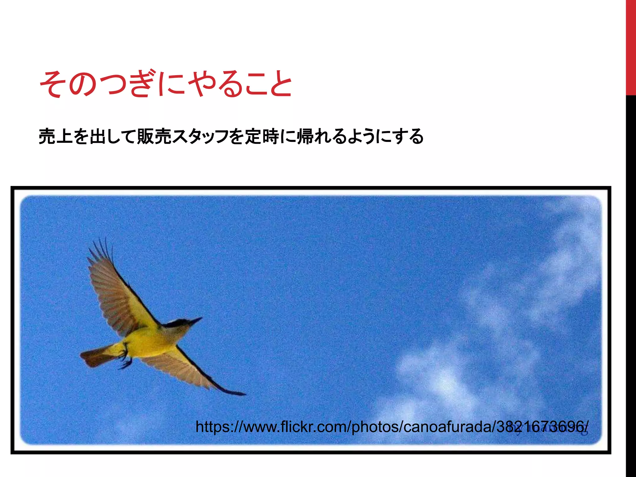 そのつぎにやること
売上を出して販売スタッフを定時に帰れるようにする
https://www.flickr.com/photos/canoafurada/3821673696/
 