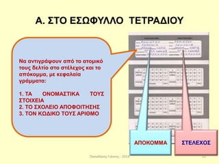 Παπαδάκης Γιάννης - 2014
Α. ΣΤΟ ΕΣΩΦΥΛΛΟ ΤΕΤΡΑΔΙΟΥ
ΑΠΟΚΟΜΜΑ ΣΤΕΛΕΧΟΣ
Να αντιγράψουν από το ατομικό
τους δελτίο στο στέλεχος και το
απόκομμα, με κεφαλαία
γράμματα:
1. ΤΑ ΟΝΟΜΑΣΤΙΚΑ ΤΟΥΣ
ΣΤΟΙΧΕΙΑ
2. ΤΟ ΣΧΟΛΕΙΟ ΑΠΟΦΟΙΤΗΣΗΣ
3. ΤΟΝ ΚΩΔΙΚΟ ΤΟΥΣ ΑΡΙΘΜΟ
22
 