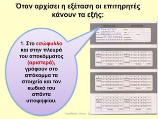 Παπαδάκης Γιάννης - 2014
Όταν αρχίσει η εξέταση οι επιτηρητές
κάνουν τα εξής:
1. Στο εσώφυλλο
και στην πλευρά
του αποκόμματος
(αριστερά),
γράφουν στο
απόκομμα τα
στοιχεία και τον
κωδικό του
απόντα
υποψηφίου.
40
 