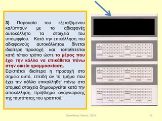 Παπαδάκης Γιάννης - 2014
3) Παρουσία του εξεταζόμενου
καλύπτουν με το αδιαφανές
αυτοκόλλητο τα στοιχεία του
υποψηφίου. Κατά την επικόλληση του
αδιαφανούς αυτοκόλλητου δίνεται
ιδιαίτερη προσοχή και τοποθετείται
κατά τέτοιο τρόπο ώστε το μέρος που
έχει την κόλλα να επικάθεται πάνω
στην οικεία γραμμοσκίαση.
Εφιστάται ιδιαίτερα η προσοχή στο
σημείο αυτό, επειδή αν το τμήμα που
έχει την κόλλα επικολληθεί πάνω στα
ατομικά στοιχεία δημιουργείται κατά την
αποκόλληση πρόβλημα αναγνώρισης
της ταυτότητας του γραπτού.
55
 