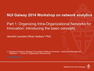 NUI Galway 2014 Workshop on network analytics
Part 1: Organizing Intra-Organizational Networks for
Innovation: introducing the basic concepts
Hendrik Leendert (Rick) Aalbers* PhD
(*) Assistant Professor Strategy & Innovation Radboud University - Institute for Management
Research // Centre for Organization Restructuring
r.aalbers@fm.ru.nl
 
